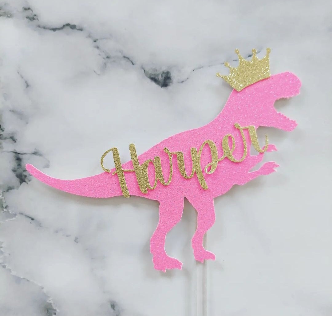 Neon Pink Dinosaur #1 Glitter Card Cake Topper