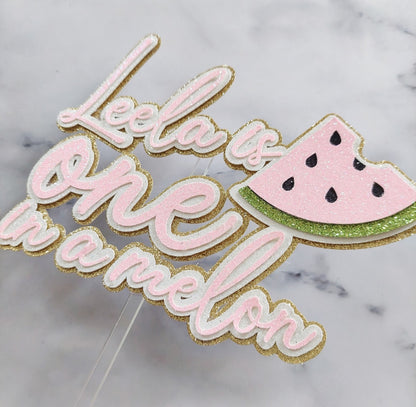 One in a melon glitter card cake topper