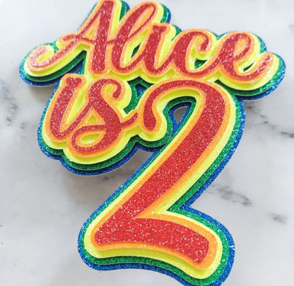 3D layered text cake topper rainbow glitter card