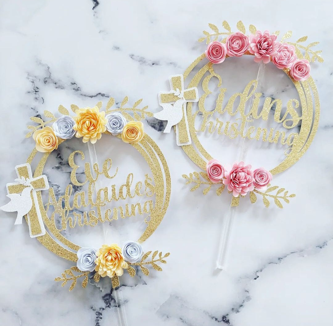 Floral Christening/Baptism Glitter Card Cake Topper