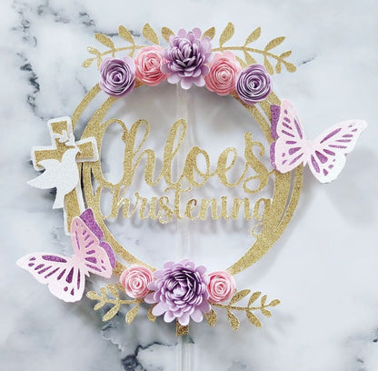 Floral Christening/Baptism Glitter Card Cake Topper