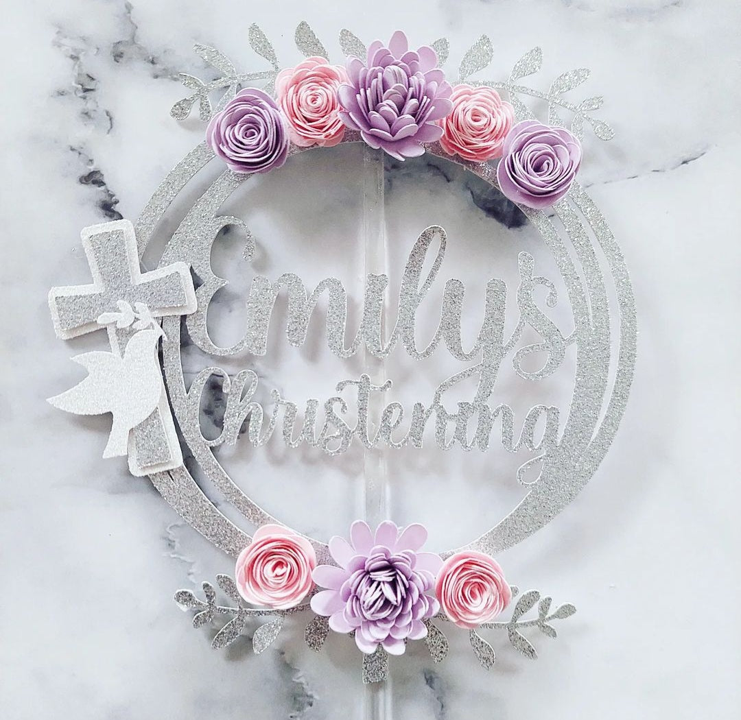 Floral Christening/Baptism Glitter Card Cake Topper