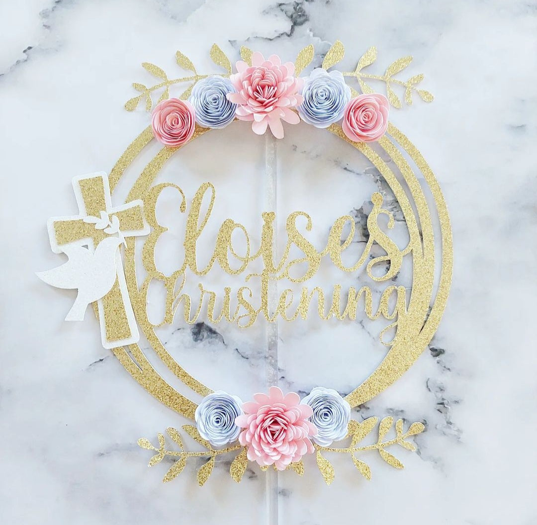 Floral Christening/Baptism Glitter Card Cake Topper