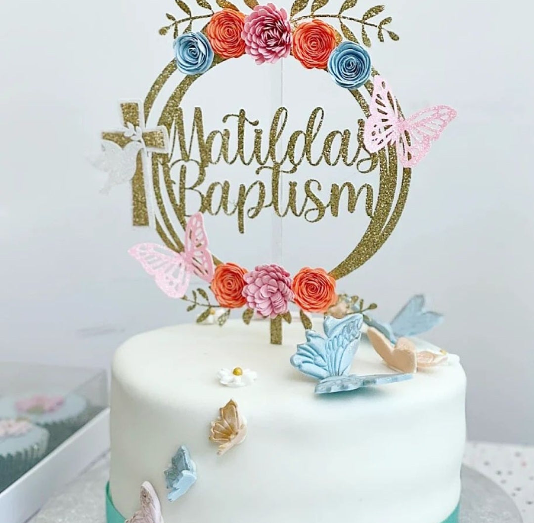 Floral Christening/Baptism Glitter Card Cake Topper