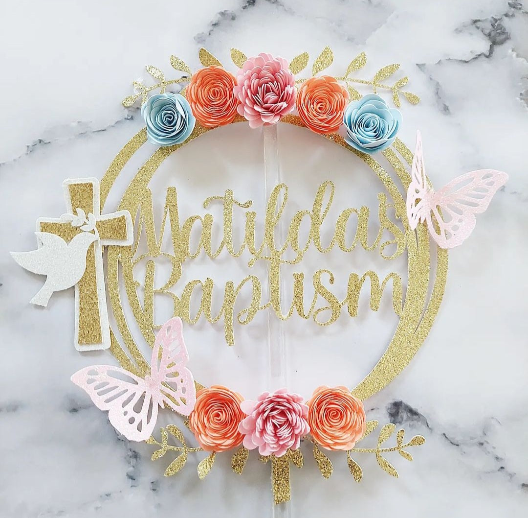 Floral Christening/Baptism Glitter Card Cake Topper