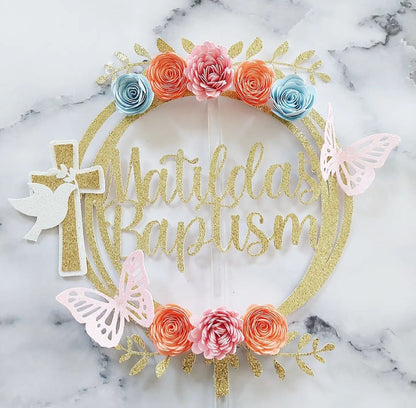 Floral Christening/Baptism Glitter Card Cake Topper