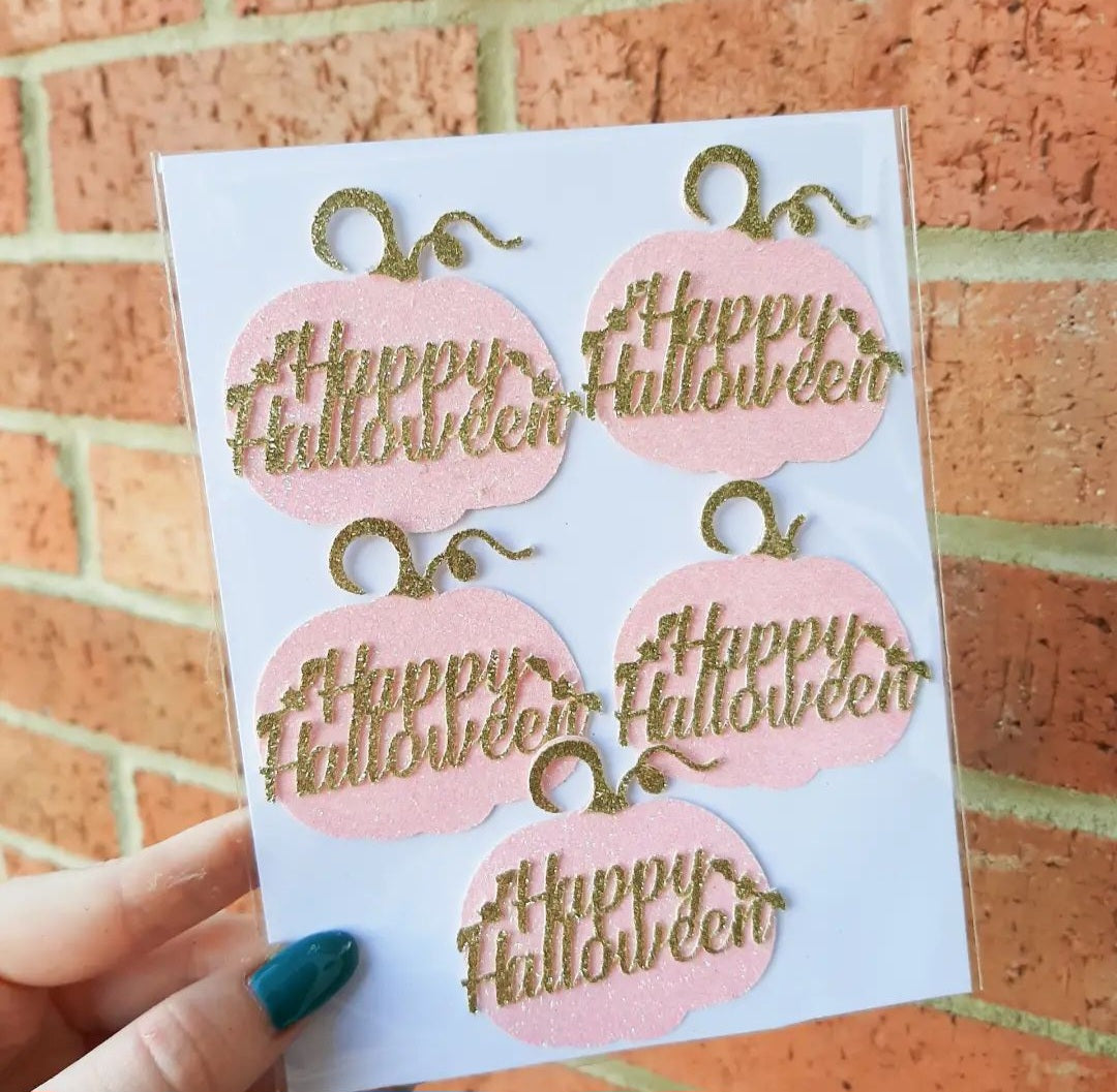 Happy Halloween Pumpkin Glitter Card Cupcake Toppers