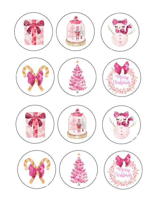 Pink Christmas Icing Sheet Cupcake Toppers