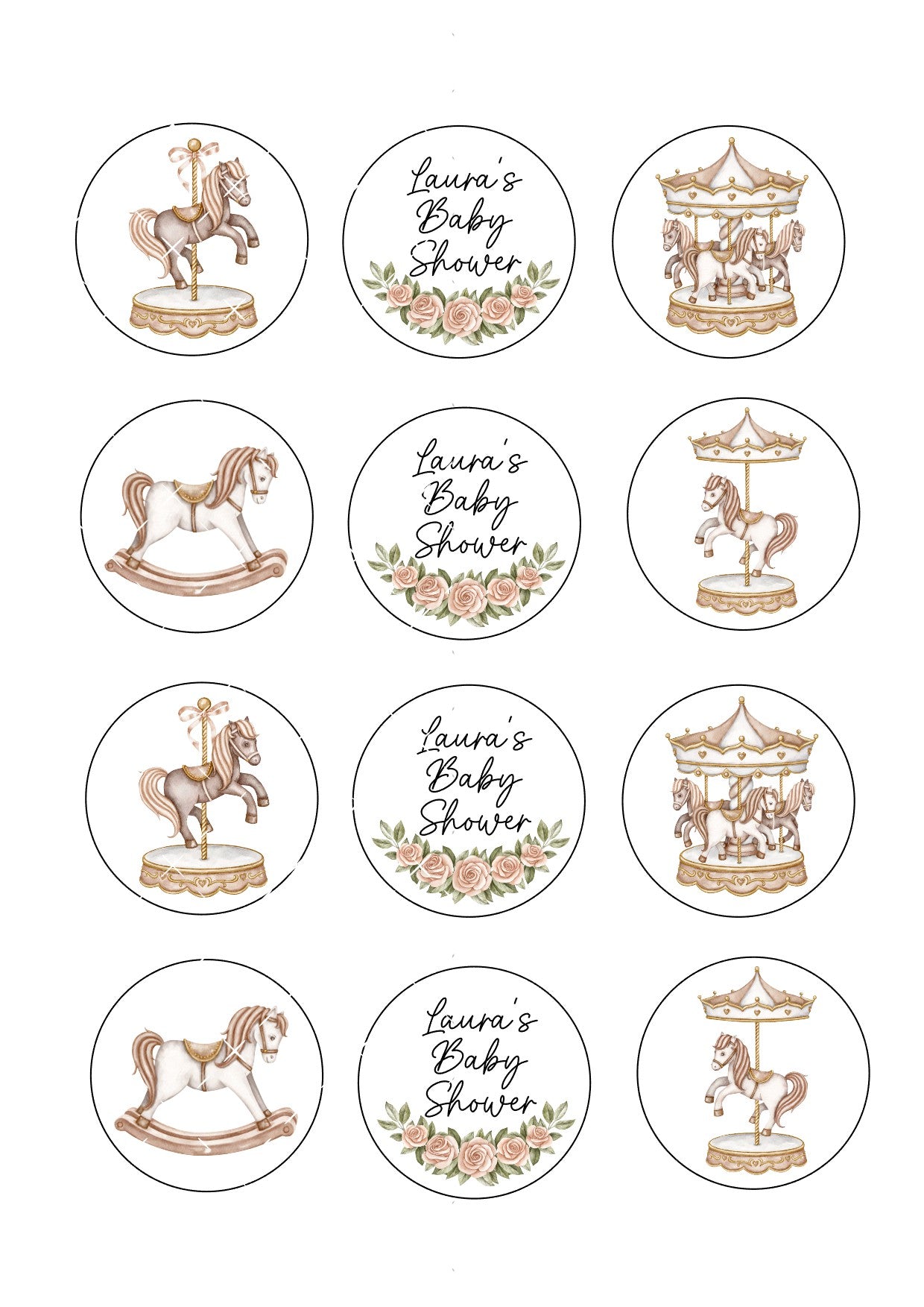 Carousel Icing Sheet Cupcake Toppers, Baby, Christening, Birthday