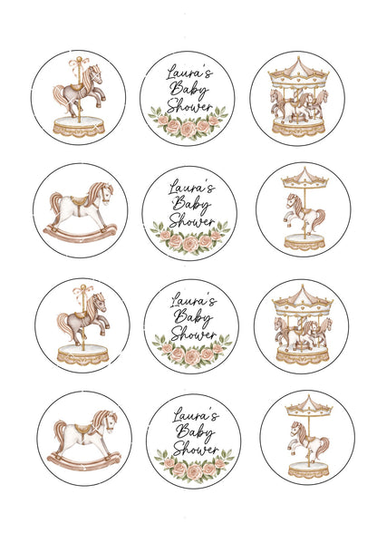 Carousel Icing Sheet Cupcake Toppers, Baby, Christening, Birthday