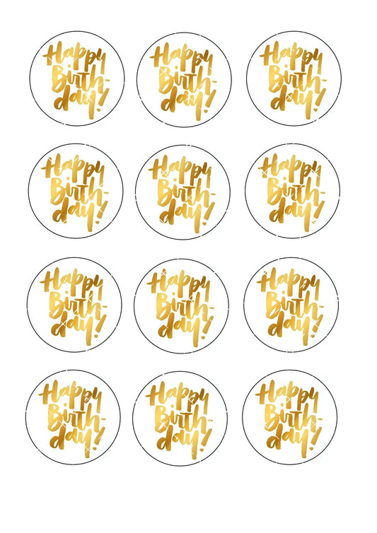 Gold Happy Birthday Icing Sheet Cupcake Toppers