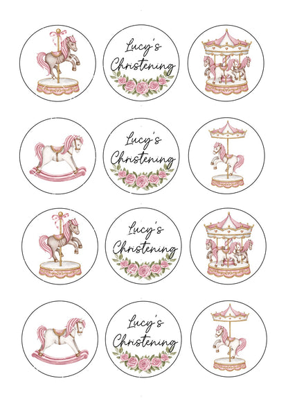 Carousel Icing Sheet Cupcake Toppers, Baby, Christening, Birthday