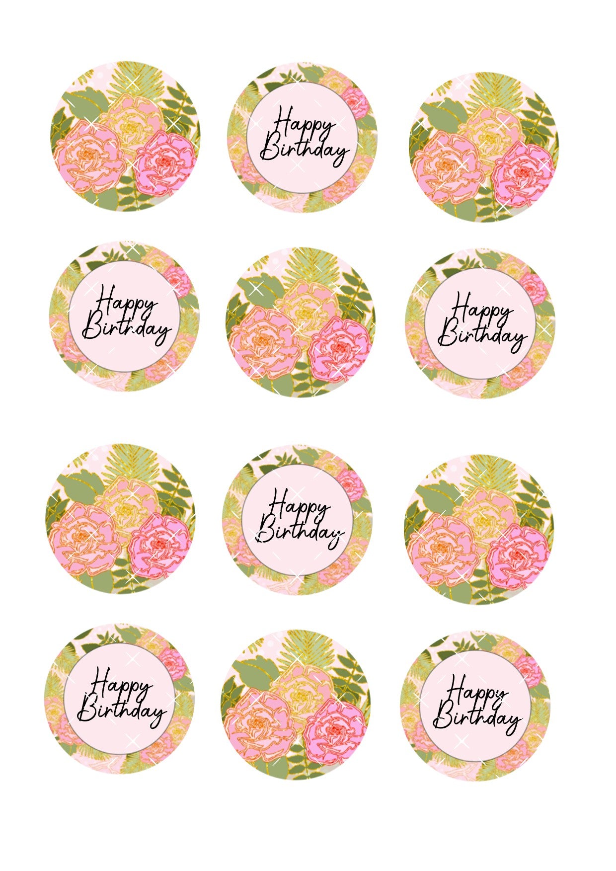 Floral Happy Birthday Icing Sheet Cupcake Toppers