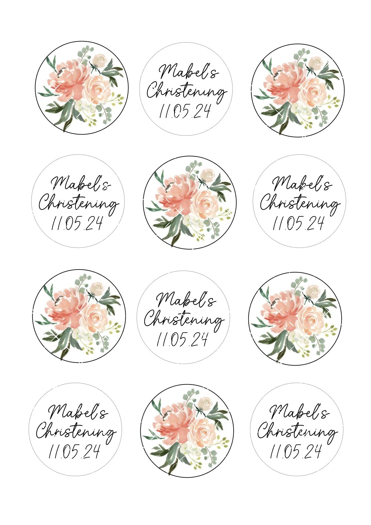 Floral Christening Icing Sheet Cupcake Toppers