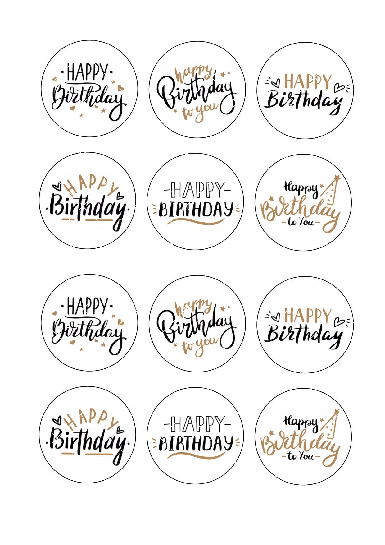 Black and Gold Happy Birthday Icing Sheet Cupcake Toppers