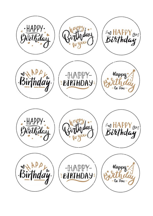 Black and Gold Happy Birthday Icing Sheet Cupcake Toppers