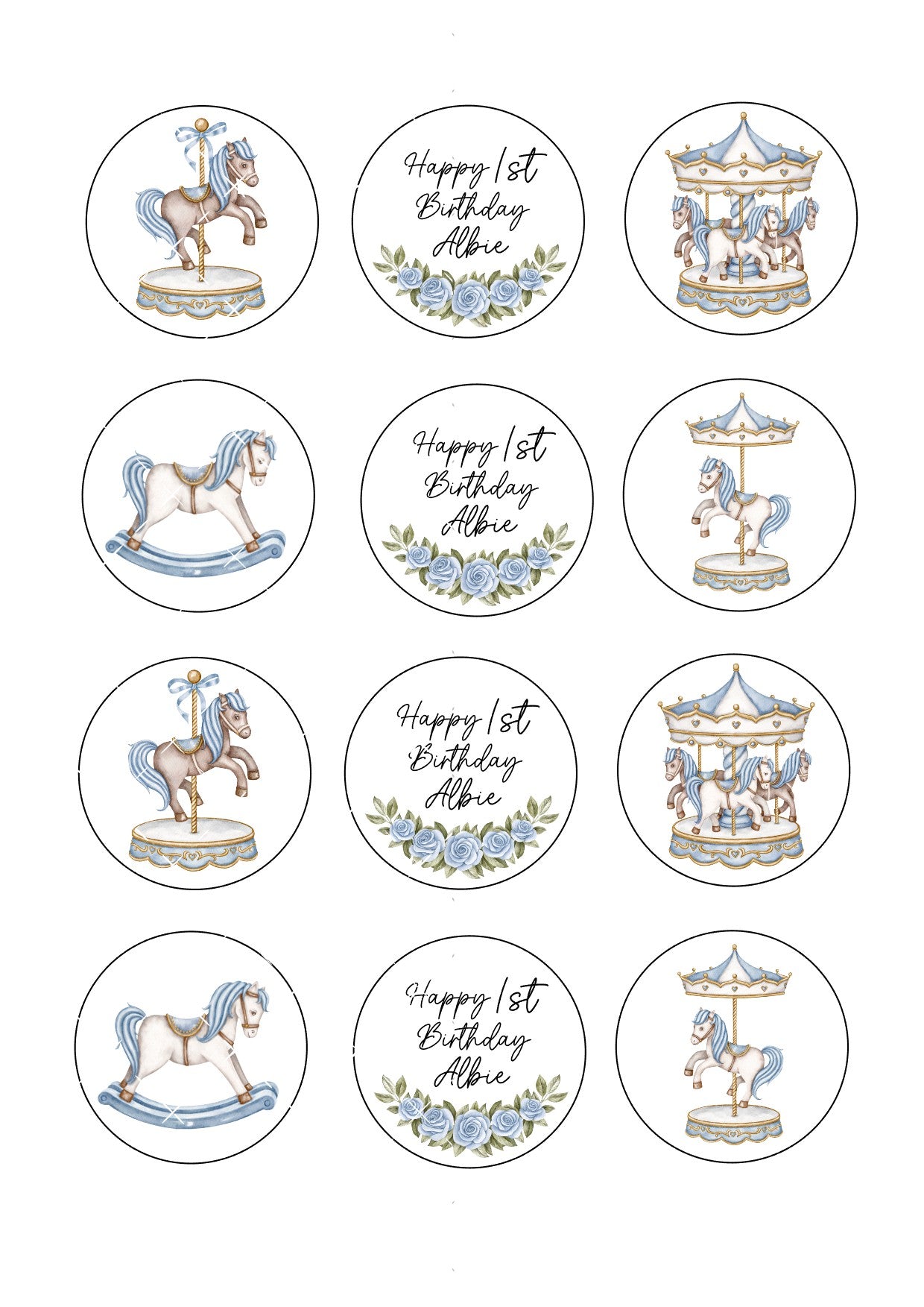 Carousel Icing Sheet Cupcake Toppers, Baby, Christening, Birthday