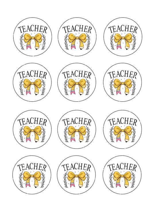 Teacher Pencil Bow Icing Sheet Cupcake Toppers