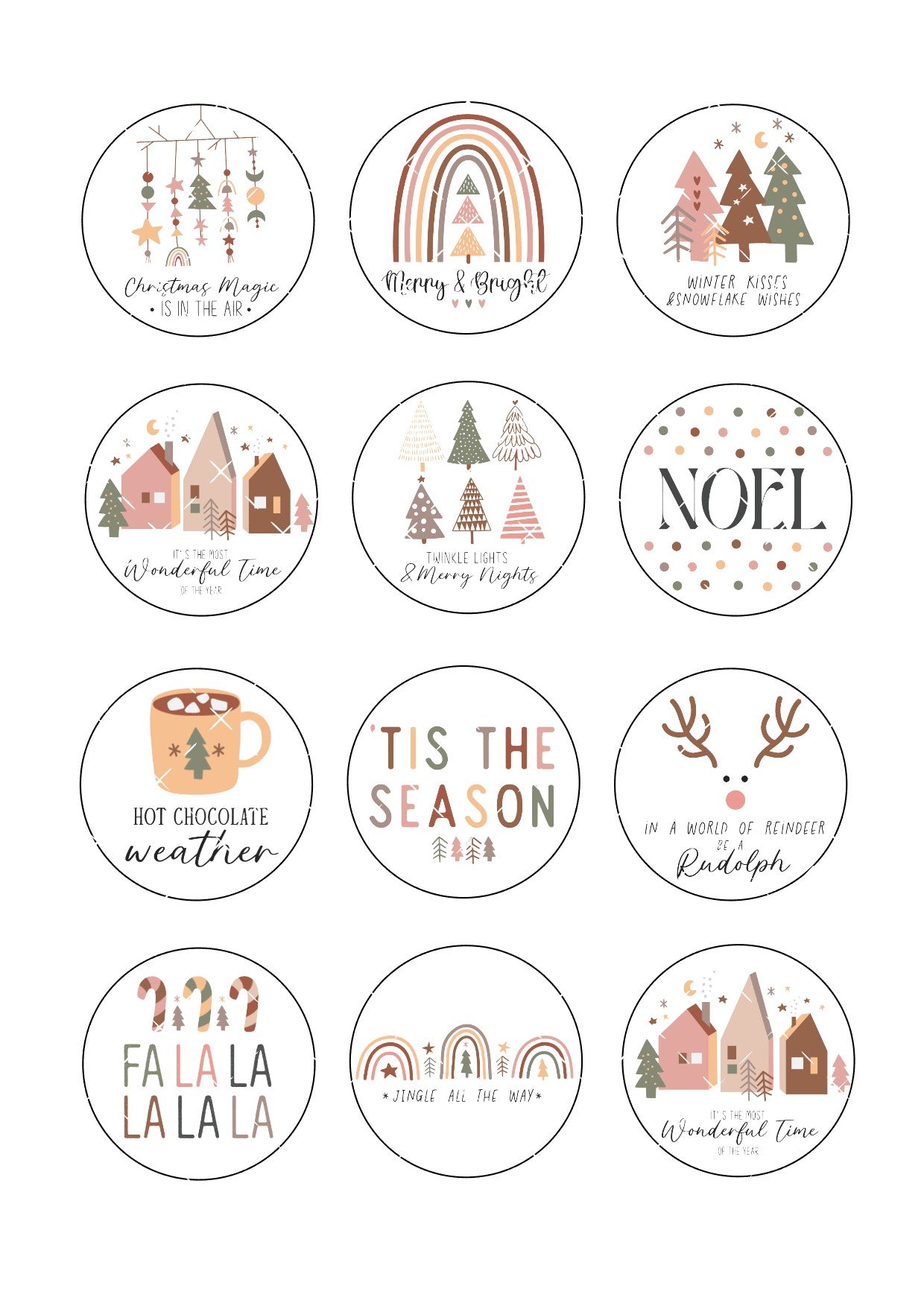 Boho Christmas Icing Sheet Cupcake Toppers