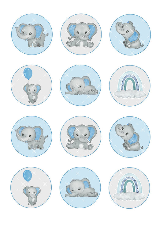 Blue Elephant Icing Sheet Cupcake Toppers