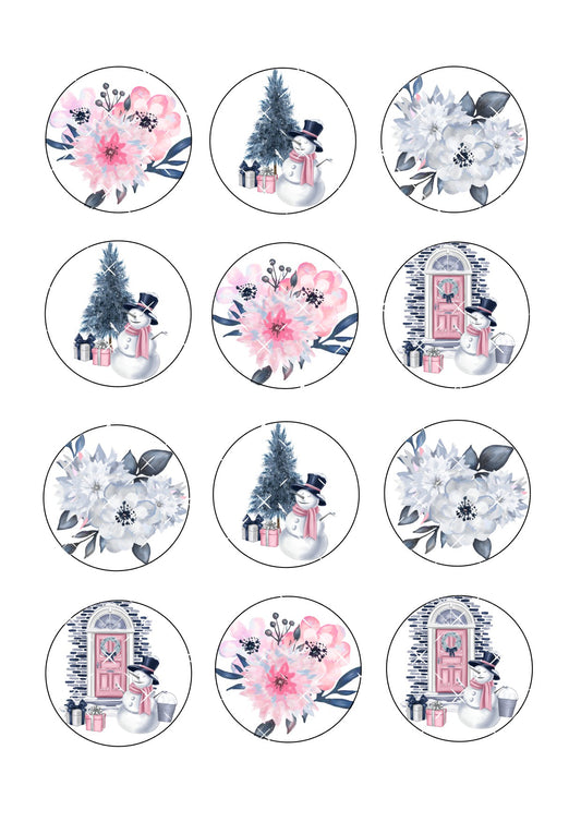 Floral Snowman Icing Sheet Cupcake Toppers