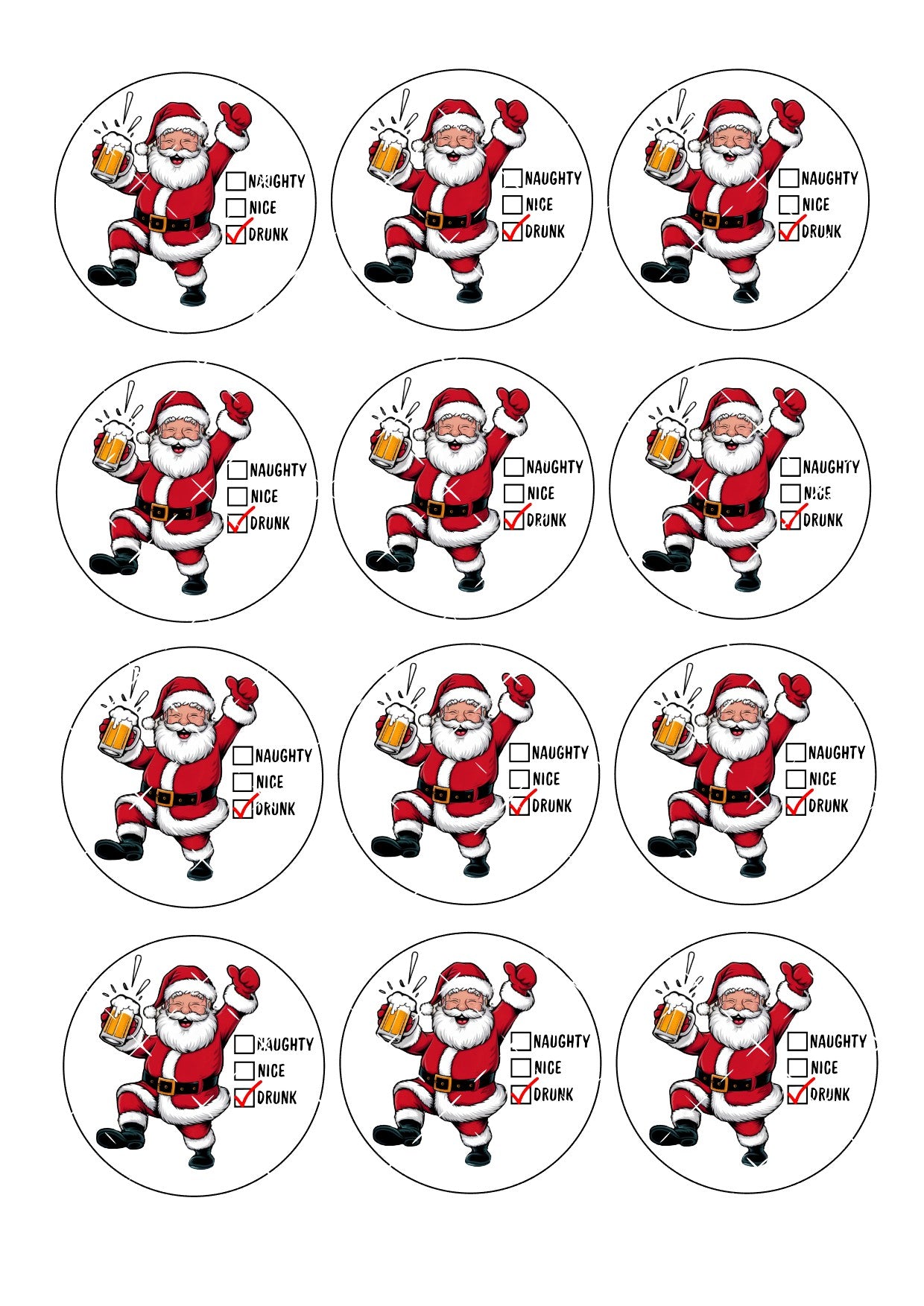 Santa Naughty Nice Drunk Icing Sheet Cupcake Toppers