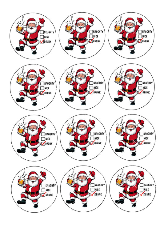 Santa Naughty Nice Drunk Icing Sheet Cupcake Toppers