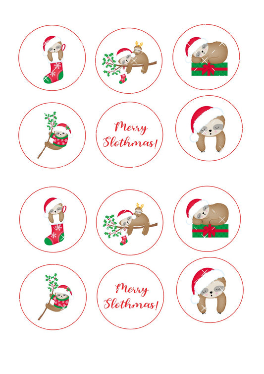 Merry Slothmas Icing Sheet Cupcake Toppers